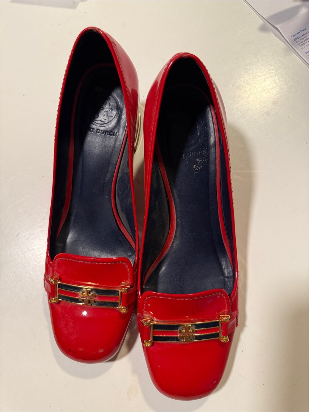 Tory Burch Red Patent Leather Logo Loafers with Gold Accent - Picture 5 of 5